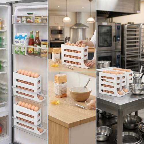 28 Egg Holder for Fridge, 4-Tier Auto Rolling Egg Organizer for