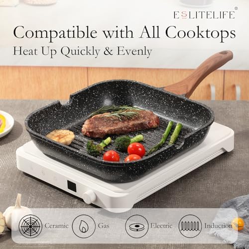 ESLITE LIFE Nonstick Grill Pan with Lid & Tongs for Stove Tops, 9.5 Inch Versatile Square Big Grilling Skillet Steak Pan with Pour Spouts for Indoor & Outdoor Cooking, PTFE & PFOA Free, Black