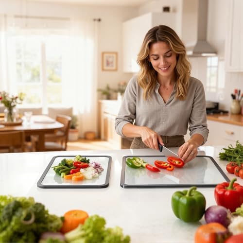 Tempered Glass Cutting Board 8x12" and 12x16", GUGEMEI Glass Chopping Board for Kitchen Counter, Non-Slip Rubber Ring, Dishwasher Safe