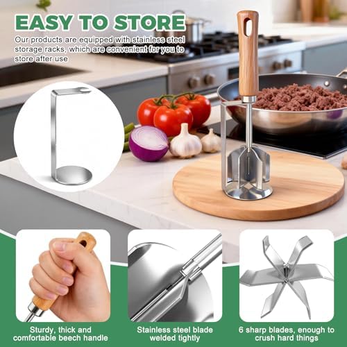 304 Stainless Steel Meat Chopper & Masher - Heavy Duty 6 Curve Blades