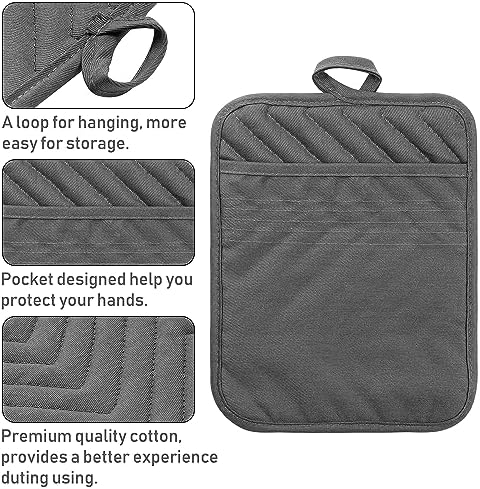 5-Pack Cotton Pocket Pot Holders, Grey