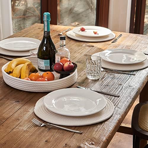 5-Piece Round Cotton Rope Placemats & Holder, Off White