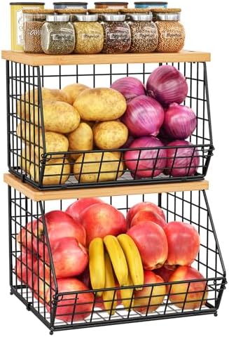 2 Set Stackable Wire Basket with Wooden Tops & Pad for kitchen
