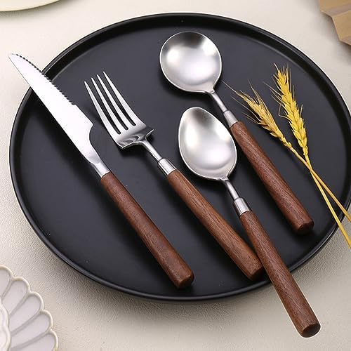 1-Pack Rustic Flatware Set with Walnut Handle, Stainless Steel