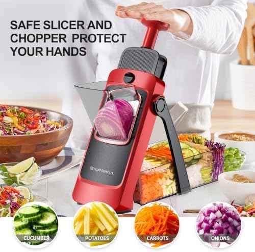 SupMaKin Safe Mandoline Slicer for Kitchen,Pptato Slicer, Vegetable Onion Chopper, French Fry Cutter, Adjustable Thickness, Julienne & Dicer Salad Chopping Artifact (4V RED)