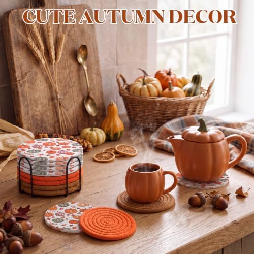 Mixweer 8 Pack Fall Pumpkins Cup Coasters with Metal Holder, Soft