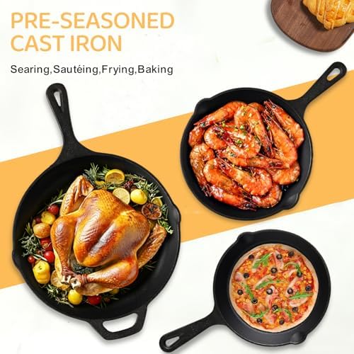EWFEN Cast Iron Skillet 3-Piece Set, Heavy-Duty Professional