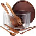 Large Glass Salad Bowl Set, Ribbed Salad Bowl with Wood Base and Lid