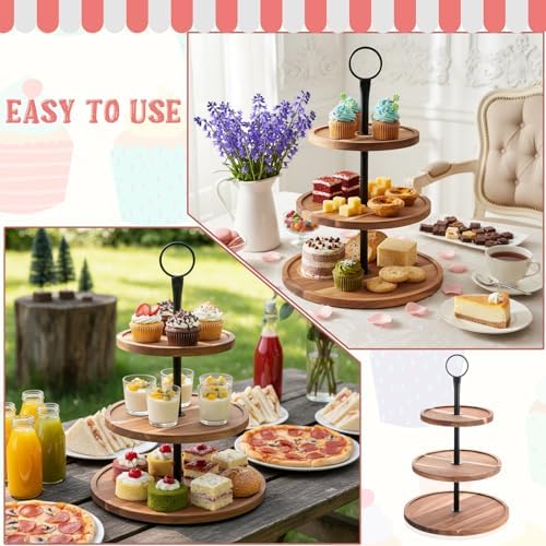 3 Tier Cupcake Stand, Round Wooden Cupcake Display Stand with Metal