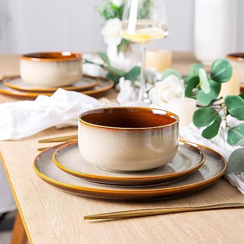 LeRatio Ceramic Dinnerware Sets for 4,12Pcs Porcelain Plates and Bowls