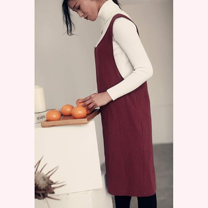 Cotton Linen Japanese Apron Halter Cross Back Bandage X Shape Aprons Two Pockets - Image 5