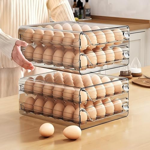 60-Eggs Holder for Fridge, 2 Tier Clear Stackable Egg Container for