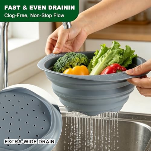 Collapsible Silicone Colander with Handle, 10.5-Inch Large Capacity