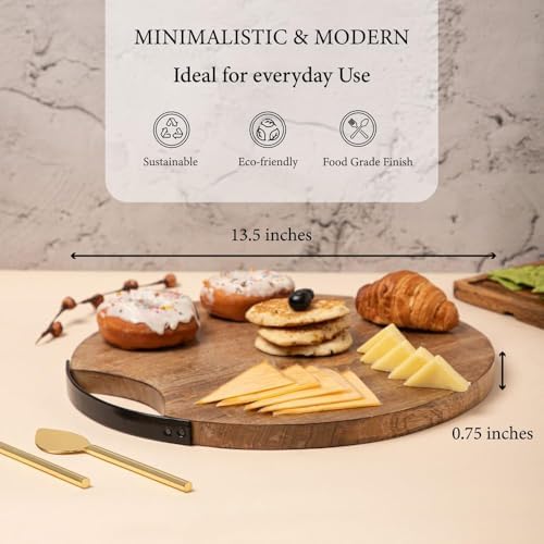 Wooden Round Serving Platter Tray 14'' with Metal Handle | Handmade