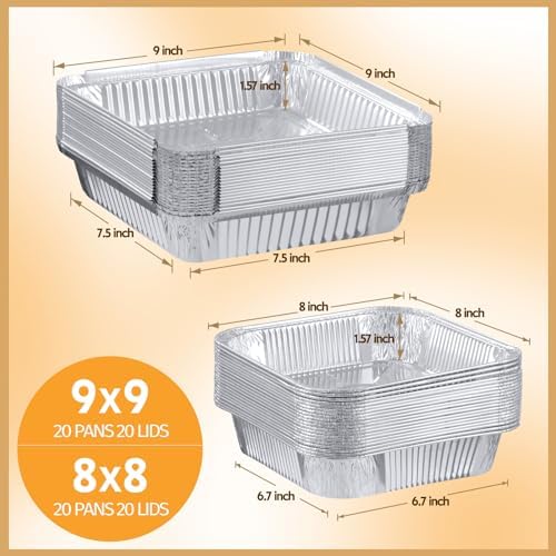 40 Pack Disposable Aluminum Pans with Lids, 9x9 & 8x8 Inch