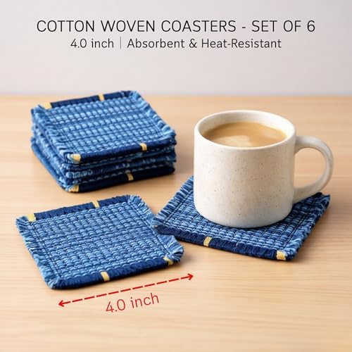 Boho Woven Coasters for Coffee Table Decor - Set of 6, Absorbent Blue