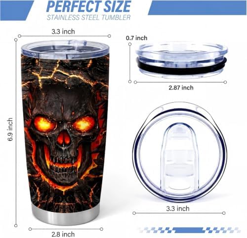 Funny Skull Halloween Tumbler, 20oz Fiery Coffee Cup for Men