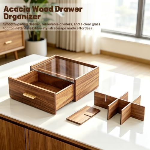 Alsonerbay Acacia Wood Tea Bag Organizer, Tea Box with Drawer, Natural