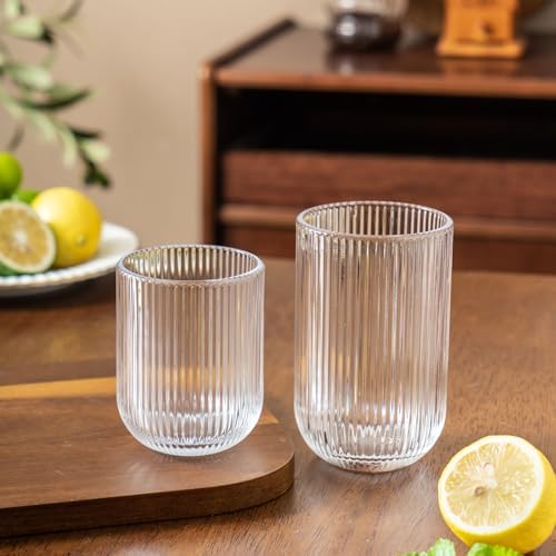 Ribbed Drinking Glasses 8pcs, Rocks Drinking Glasses 12oz and 10oz