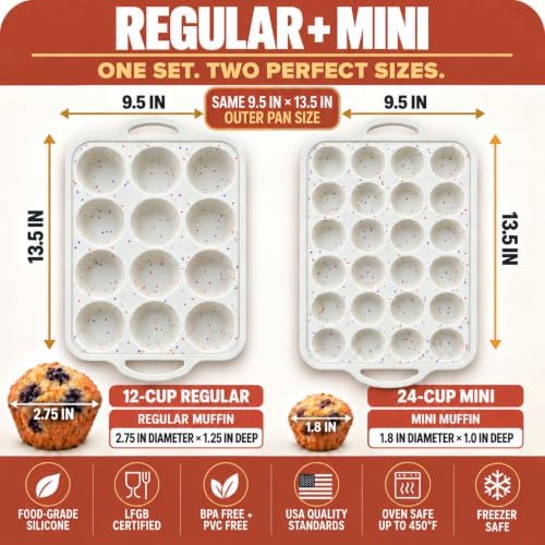 Silicone Muffin Pans, 2-Pack Regular 12 Cup & Mini 24 Cup, BPA-Free