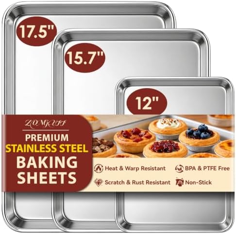 Baking Sheet Set of 3: Stainless Steel Cookie Sheets for Baking