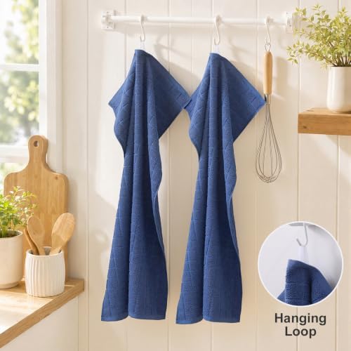 Kitinjoy Premium Cotton Check Kitchen Towels 6 Pack, 16" x 28", Navy