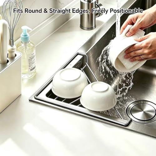 Triangle Dish Drying Rack for Sink Corner, Black and Silver