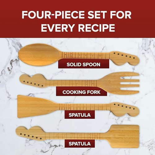 Guitar Bamboo Cooking Utensils Set (4-Piece) | Wooden Spoons and