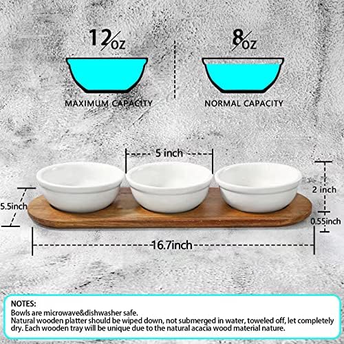 Artena 12 oz Solid Ceramic Chip and Dip Serving Set with Acacia Wooden Tray, 5-inch White Dipping Bowls, Small Serving Bowls for Side Dishes, Salsa, Appetizer, Serving Dishes for Entertaining