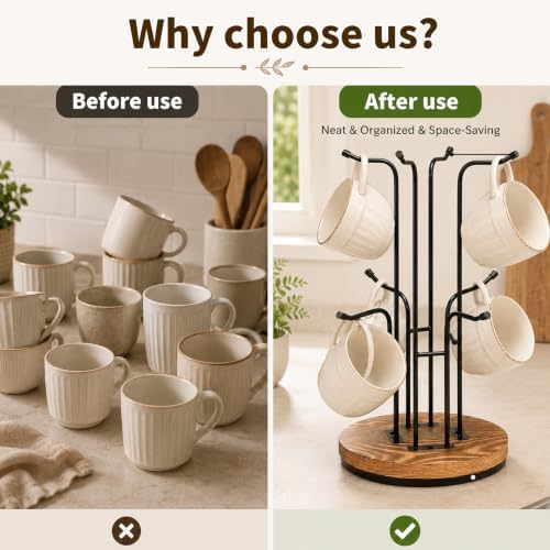 360° Rotating Large Coffee Mug Tree with 8 Hooks, Mug Tree Stand