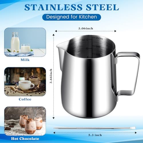 Dandat 4 Pcs Milk Frothing Pitcher 12 oz Stainless Steel Latte Art Pen