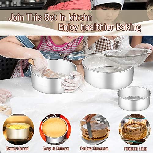 E-far Cake Pan Set of 3 (4/6/8 Inch), Stainless Steel Deep Cake Pans