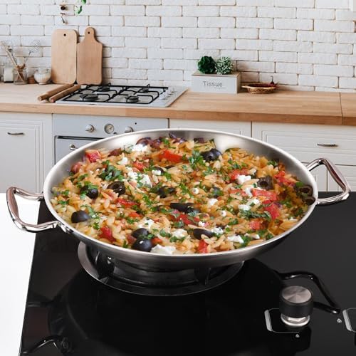 12-Inch Tri-Ply Stainless Steel Paella Pan with Lid | Induction