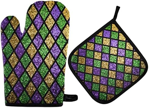 Oven Mitts Quilted Cotton Lining Shiny Green Potholders BBQ