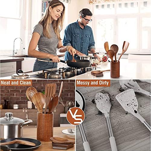 9 PCS Wooden Spoons for Cooking, Utensils With Holder, Teak Kitchen