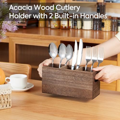 Wooden Utensil Holder Organizer for countertop, 3 Compartment Cutlery Caddy