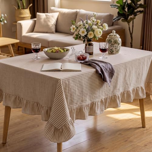 60 x 120 in Farmhouse Ruffle Striped Tablecloth, Cream Brown, Striped