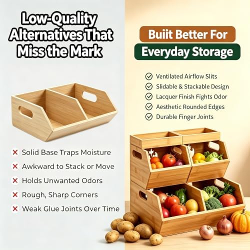 Bamboo Potato Onion Storage Bin, Stackable Ventilated Produce Basket