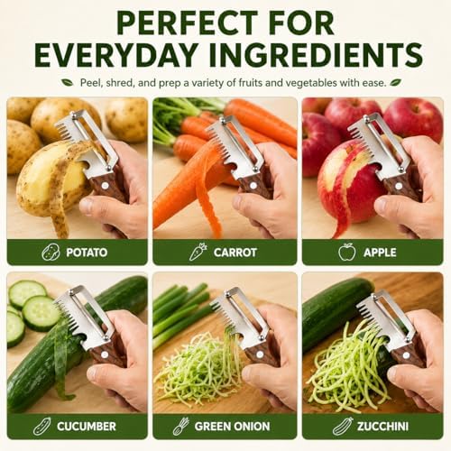 2Pack 3-in-1 Vegetable Peeler with Faux Wood Handle, Stainless Steel