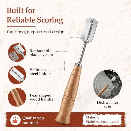 Wooden Bread Lame Sourdough Scoring Tool, 5 Razor Blades