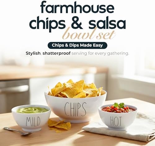Farmhouse Chips and Salsa Bowl Set (Hot and Mild), White, Shatterproof