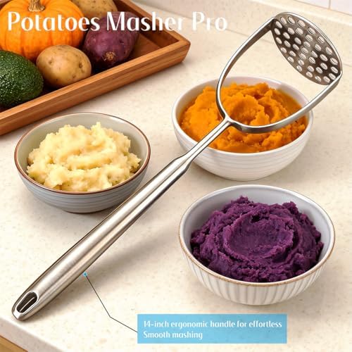 Stainless Steel Potato Masher, 14 in Length, Long Handle Design