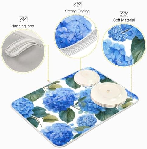 OTVEE Hydrangea Blossom Beauty Dish Drying Mat for Kitchen Counter