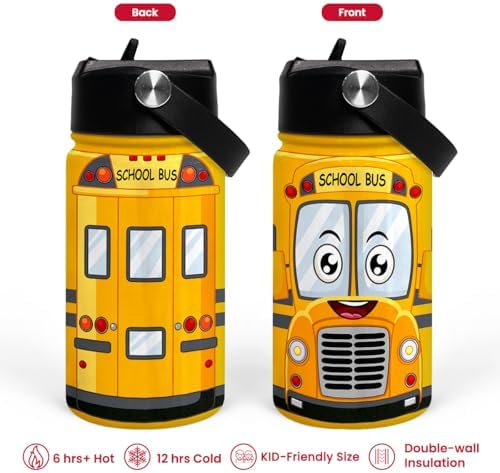 School Bus Water Bottle - Kids Water Bottle with Straw Lid - 12 Oz