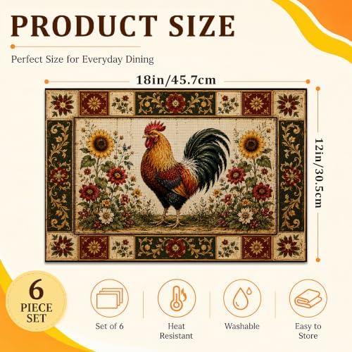 Linen Placemats Set of 6, Farmhouse Rooster Sunflower Floral