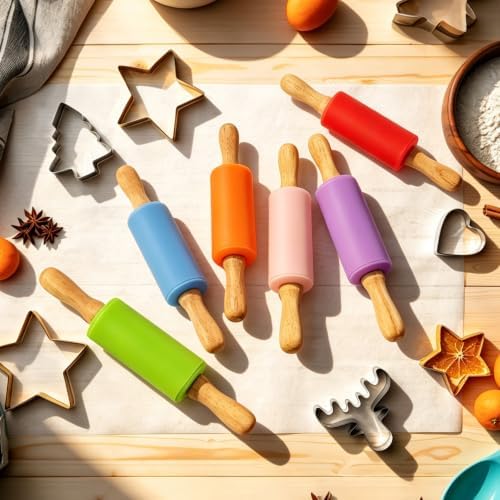 12 Pack 9 Inch Mini Silicone Rolling Pin for Kids Wooden Handle