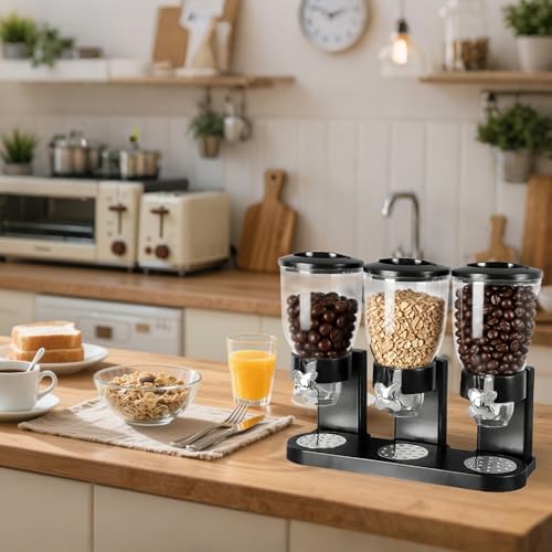 1 Pcs Triple Indispensable Dry Food Dispenser with Cup Black Cereal Storage Container 67oz Each Capacity for Kitchen Rice Nuts Cereal Snack Gumball Candy Dog Food