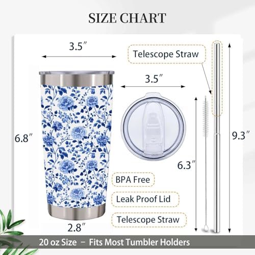 Blue and White Chinoiserie Floral Tumbler 20 oz, Peony Insulated