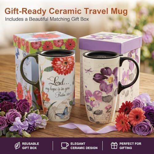 Topadorn 17oz Ceramic Travel Mugs Set of 2, Floral Coffee Mugs with