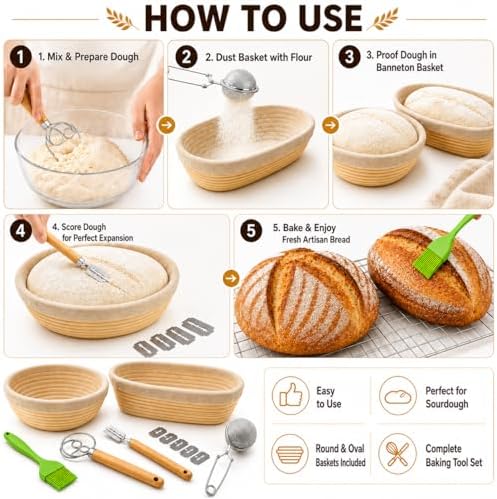 Sourdough Basket Set, 9" Round & 10" Oval Proofing Baskets for Bread